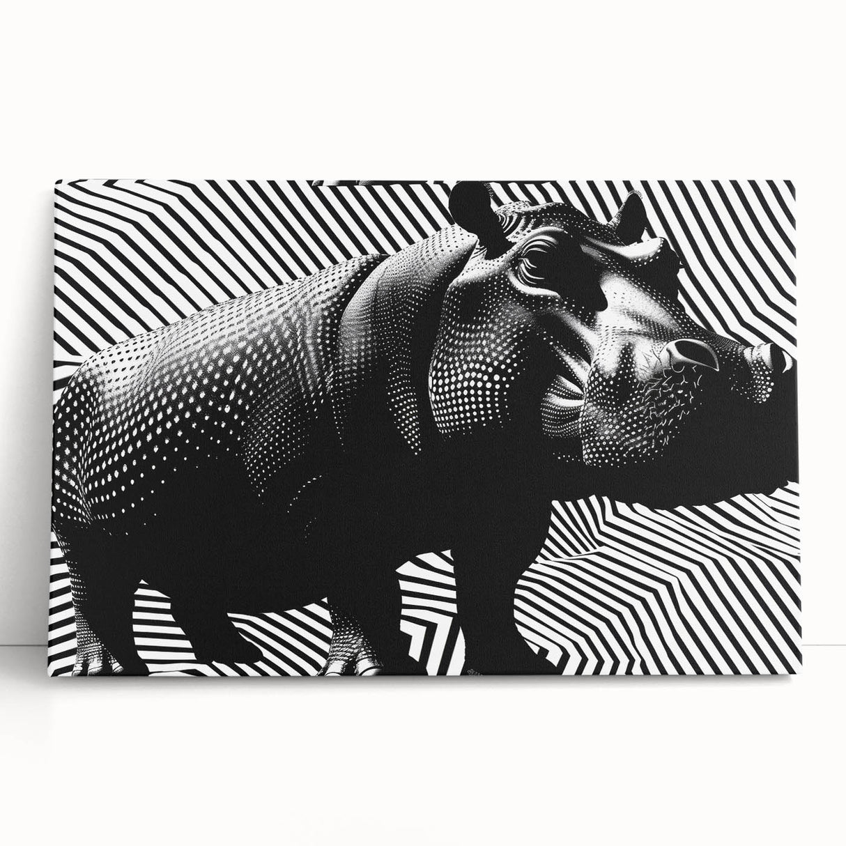 Vibrant stretched canvas wall art featuring a playful hippopotamus in a colorful, abstract design, perfect for animal lovers and home decor enthusiasts.