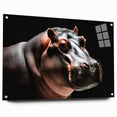 Side view of a vibrant acrylic glass wall art piece showcasing a hippopotamus design, featuring intricate details and bright colors, ideal for animal lovers’ decor.