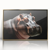 Framed wall art featuring a striking front view of a hippopotamus in a vibrant gold design, perfect for adding a touch of wildlife decor to any space.