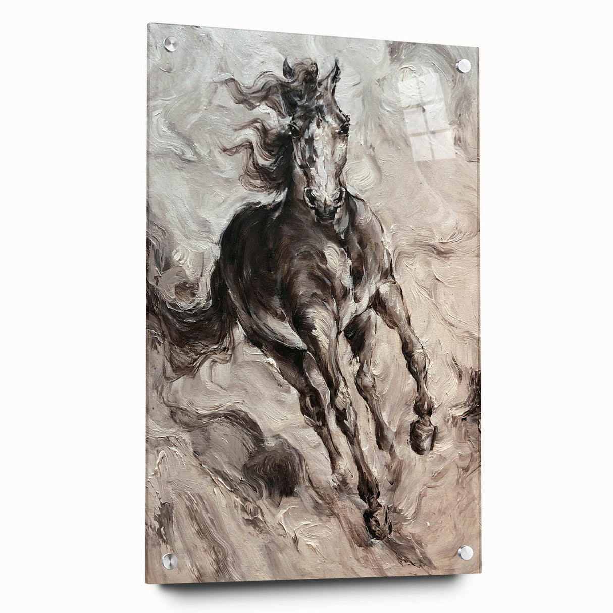 Acrylic wall art featuring a side view of a horse design, showcasing intricate details and vibrant colors, perfect for animal lovers and home decor enthusiasts.