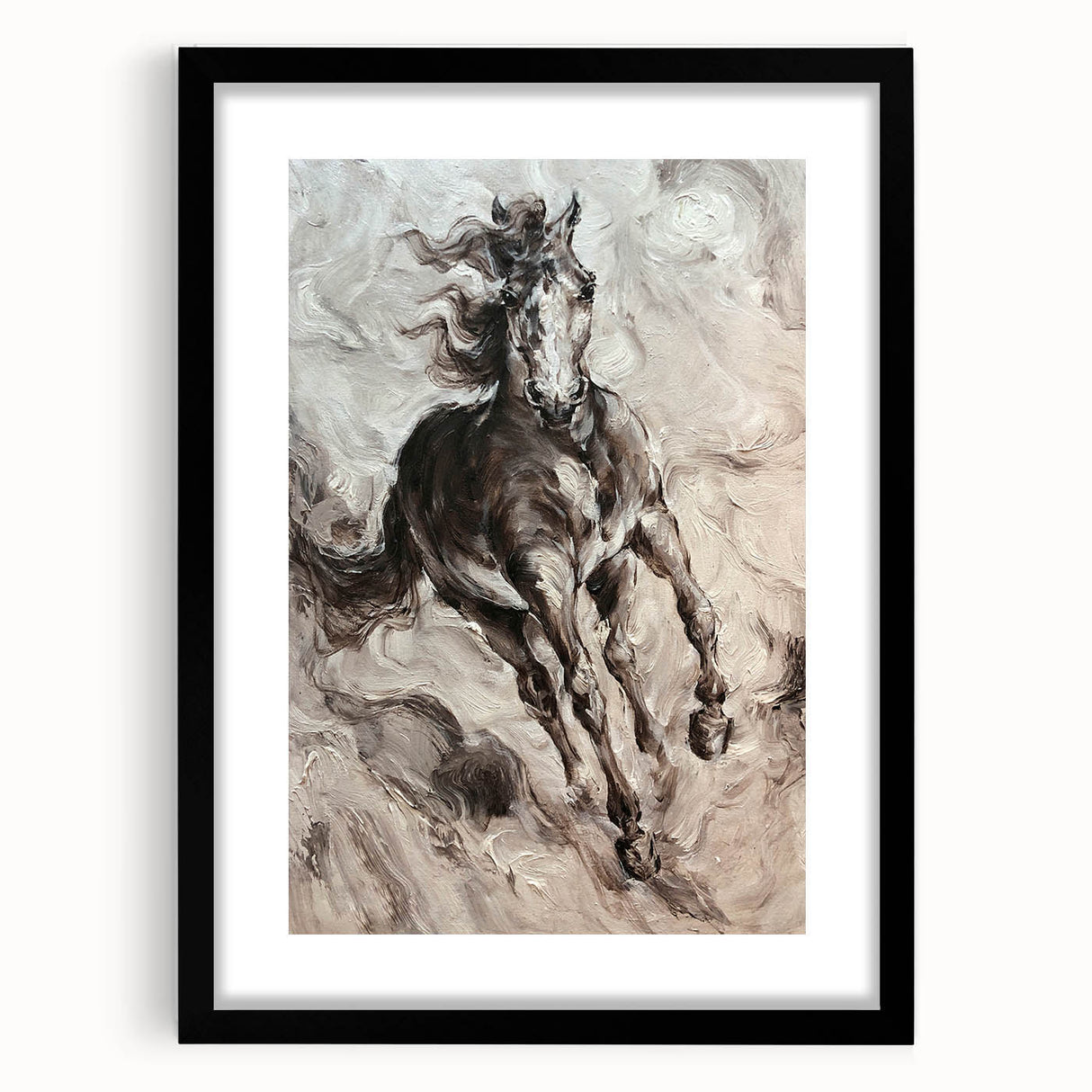 Framed wall art featuring a striking horse design from the 'Animals A Wild Life' collection, showcasing intricate details and a sleek black mat, perfect for equestrian-themed decor.