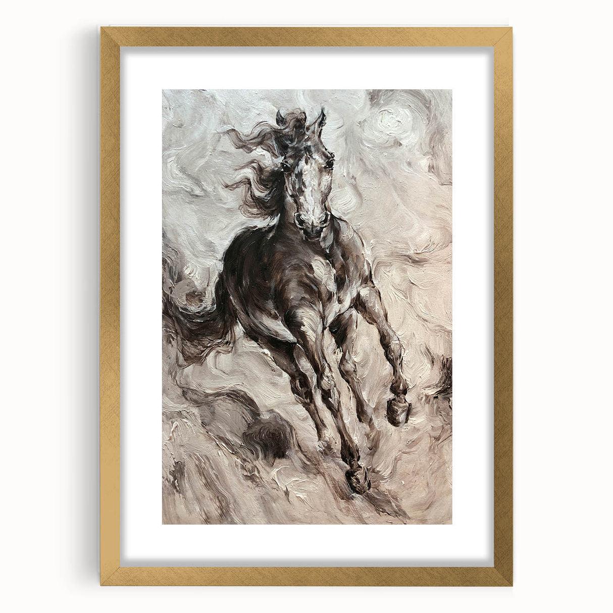 Elegant gold-framed wall art showcasing a majestic horse design, set against a white mat background, perfect for animal lovers and home decor enthusiasts.