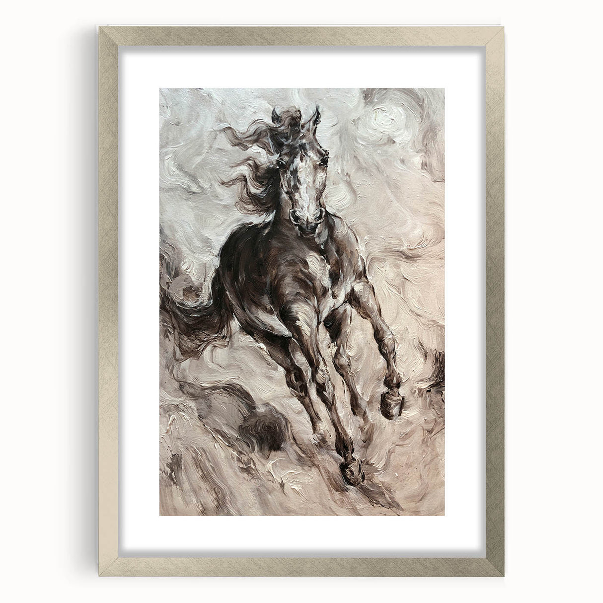 Silver-framed wall art featuring a stunning horse design from the "Animals: A Wild Life" collection, elegantly matted for a sophisticated look, ideal for animal lovers and home decor enthusiasts.