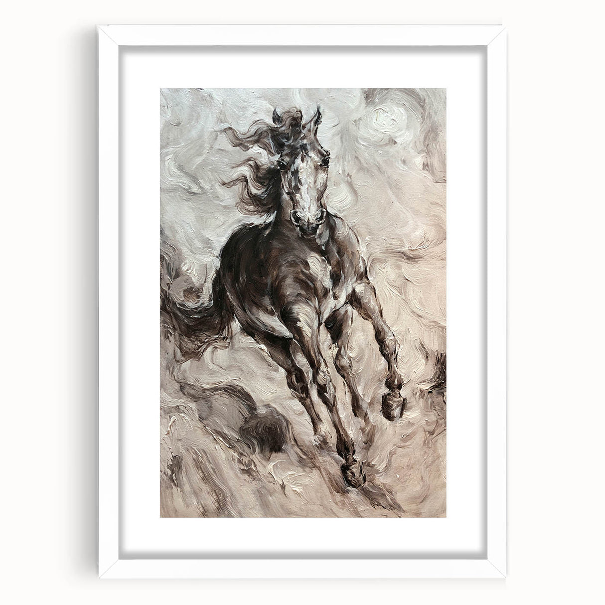 Framed white wall art featuring a striking horse design from the "Animals A Wild Life" collection, showcasing intricate details and vibrant colors, perfect for modern decor.