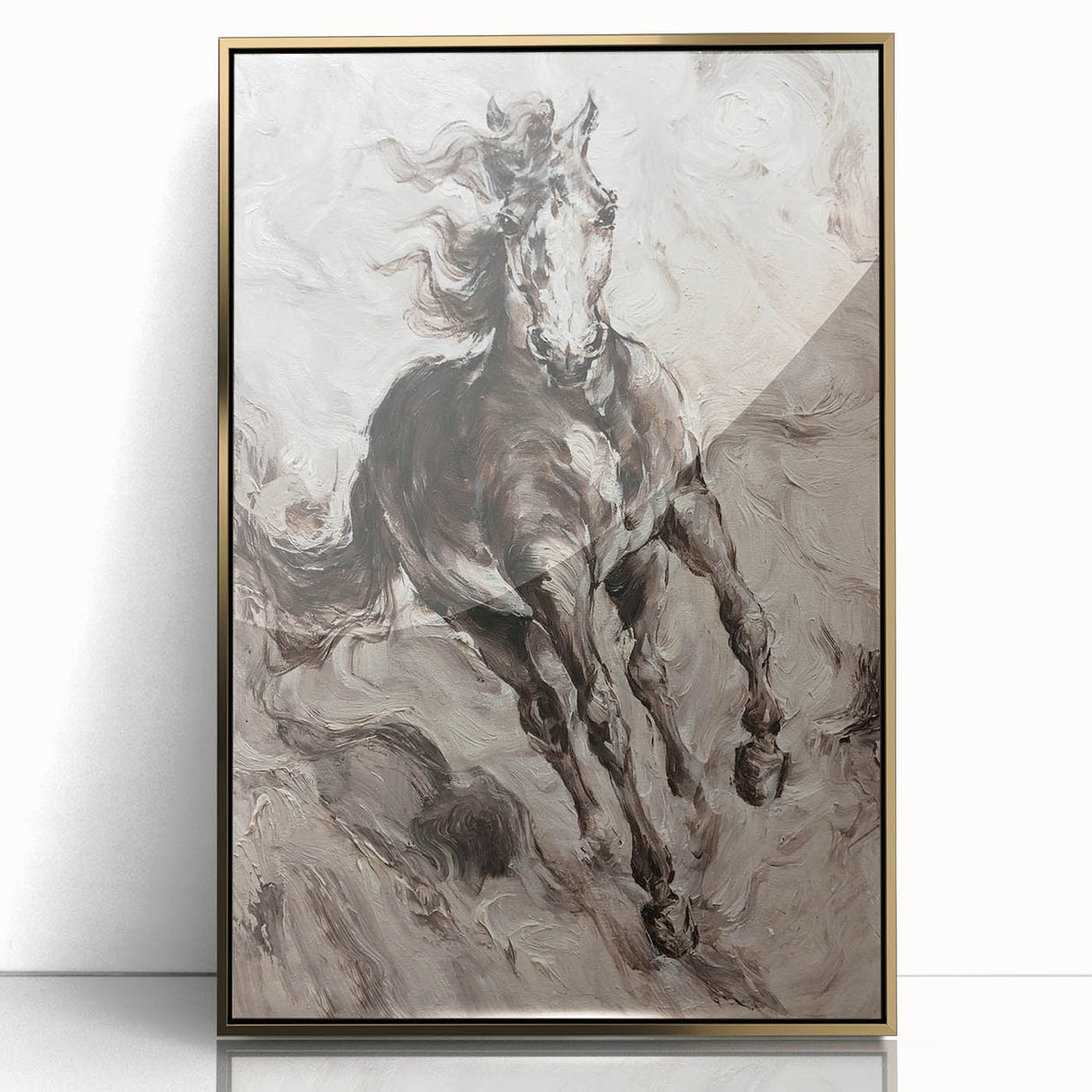 Framed acrylic wall art featuring a majestic horse design in gold tones, showcasing intricate details and textures, perfect for animal lovers and home decor.