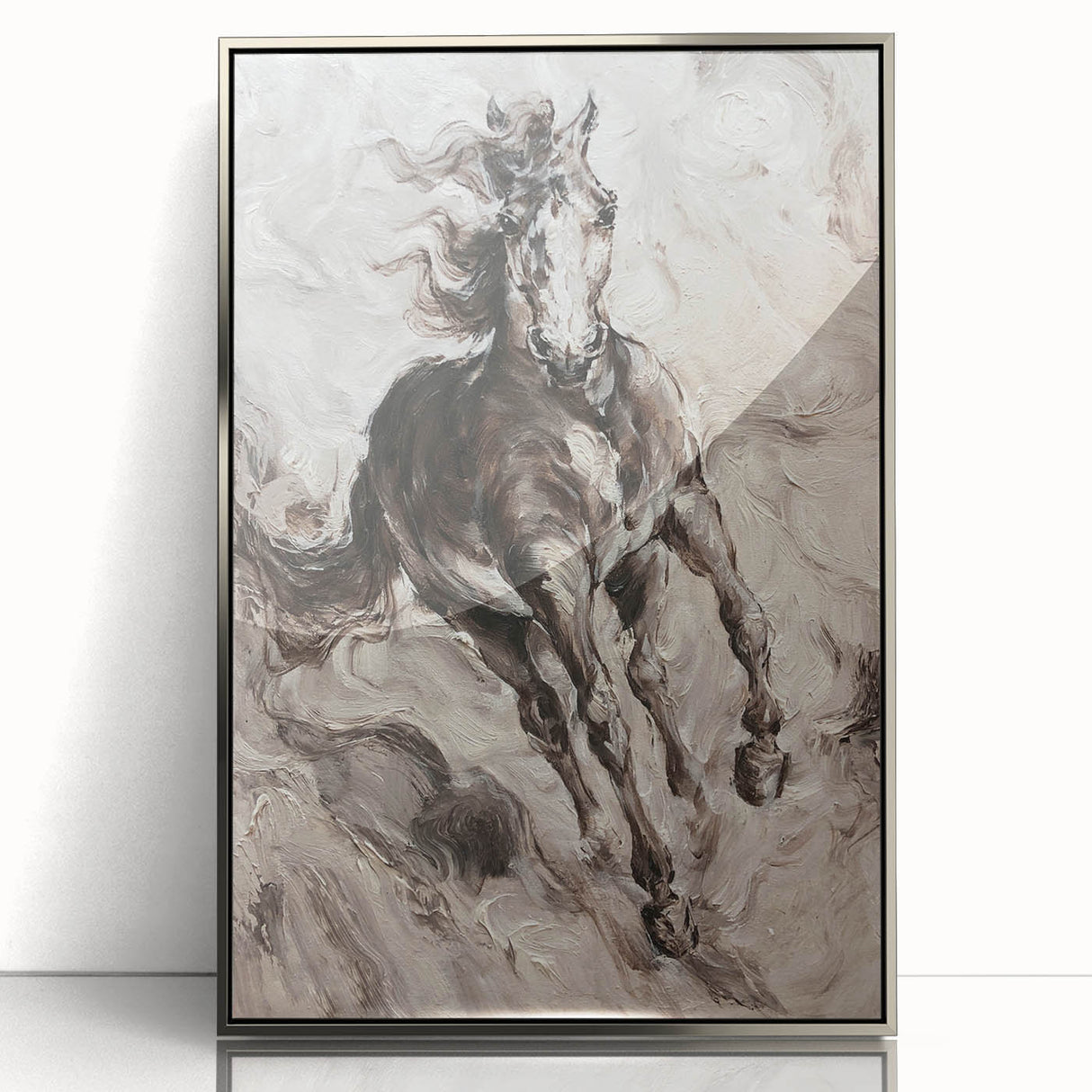 Framed acrylic wall art showcasing a stunning silver horse design, perfect for animal lovers and home decor enthusiasts, displayed in a chic setting.