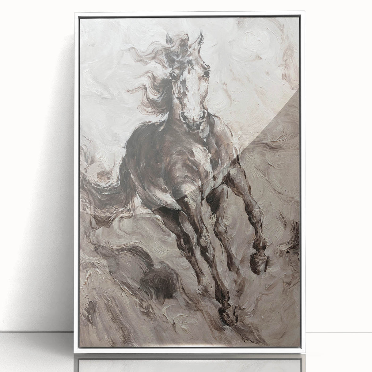 Framed acrylic wall art featuring a majestic wild horse design, set against a white backdrop. Ideal for adding a touch of nature-inspired elegance to any decor.