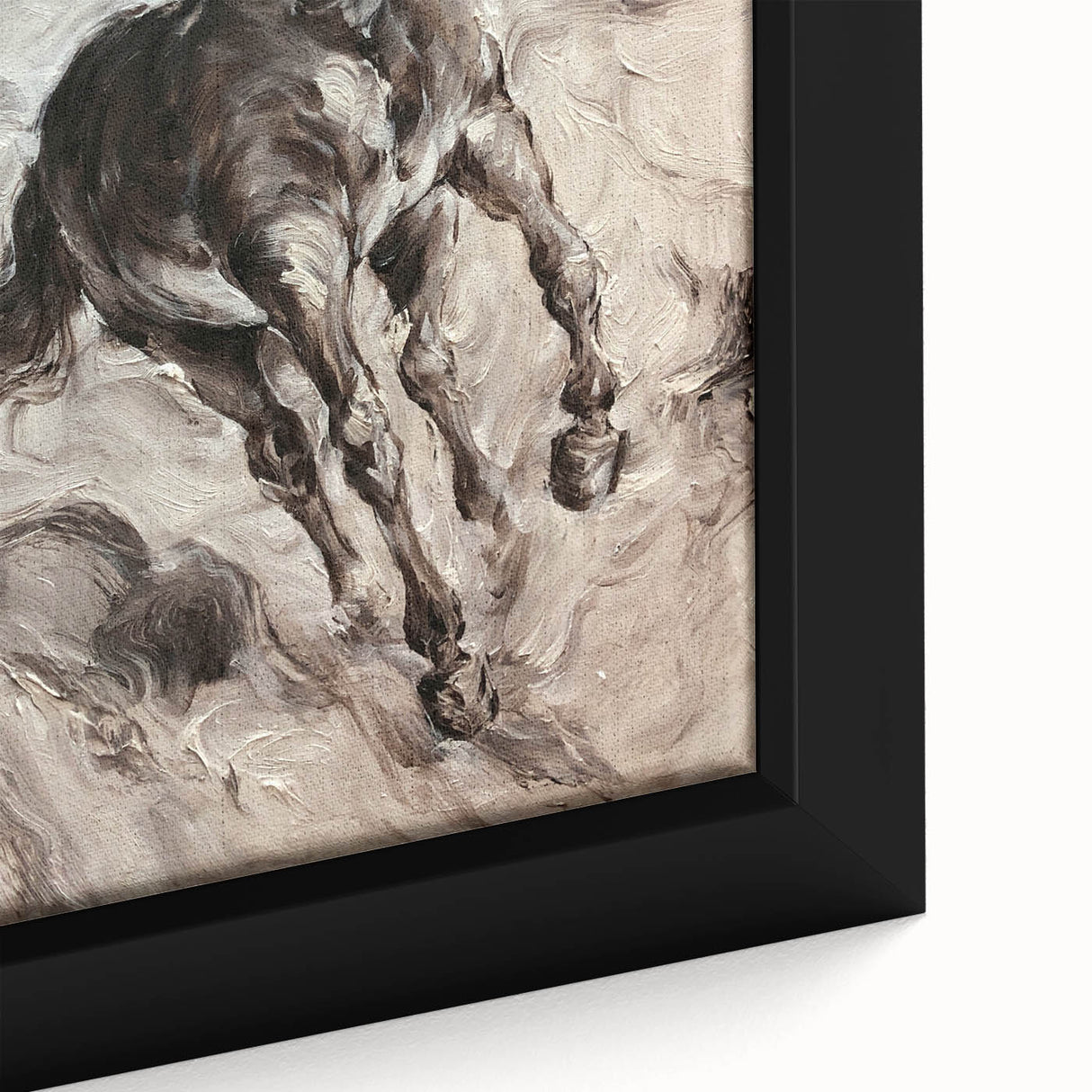 Close-up of a framed canvas wall art piece showcasing a majestic horse design, featuring detailed textures and vibrant colors, perfect for animal lovers' decor.