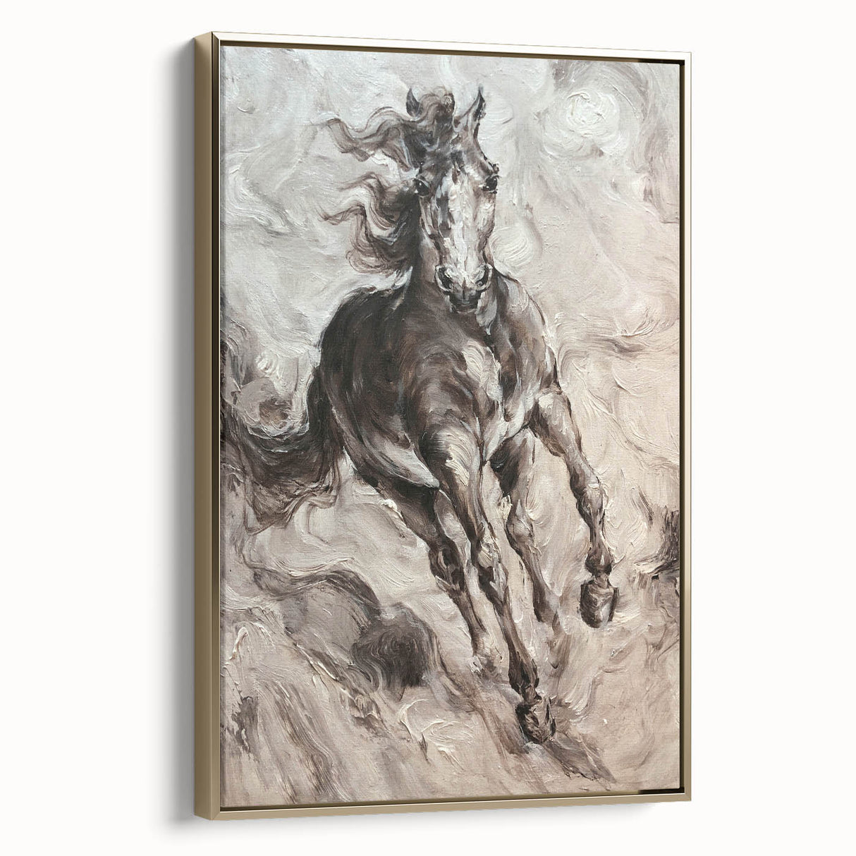 Framed wall art featuring a gold-toned side view of a majestic horse, ideal for animal lovers and equestrian-themed decor, enhancing any modern interior.