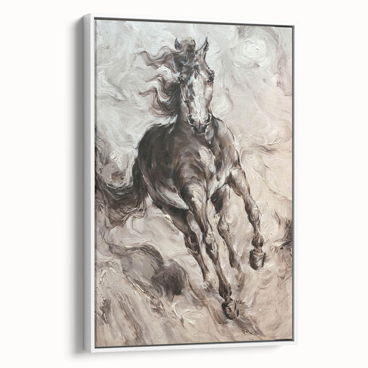 Framed canvas wall art depicting a majestic horse in a serene white setting, showcasing detailed brushwork and vibrant colors, perfect for animal lovers' decor.