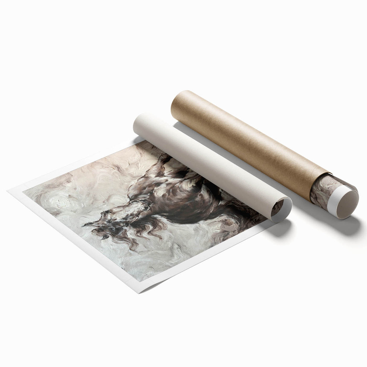 Rolled print showcasing a stunning horse design in a wild-life theme, featuring vibrant colors and intricate details, perfect for animal lovers and home decor enthusiasts.
