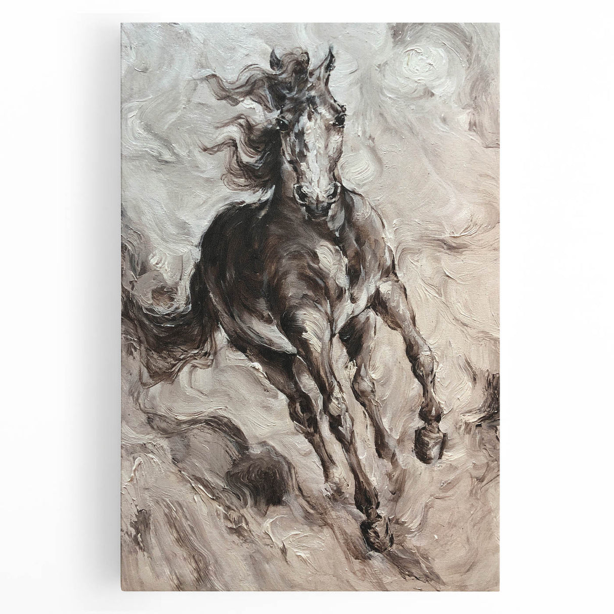 Stretched canvas wall art featuring a majestic wild horse design, showcasing rich colors and detailed textures, perfect for equestrian-themed decor.