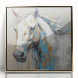 Framed wall art featuring a majestic horse design with intricate details, set against a gold-acrylic background, perfect for animal-themed decor enthusiasts.