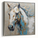 Framed canvas wall art showcasing a silver side view of a majestic horse, highlighting its intricate details and dynamic posture, perfect for equine enthusiasts.