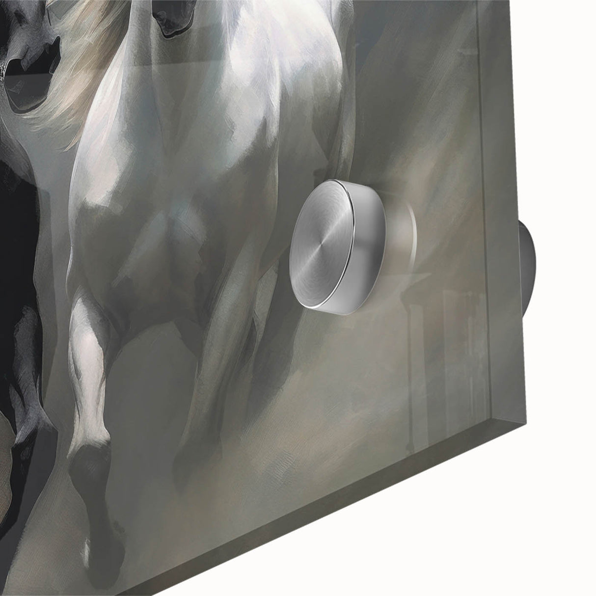 Close-up of a stunning acrylic glass wall art piece featuring a majestic wild horse design, showcasing intricate details and vibrant colors, perfect for nature lovers.