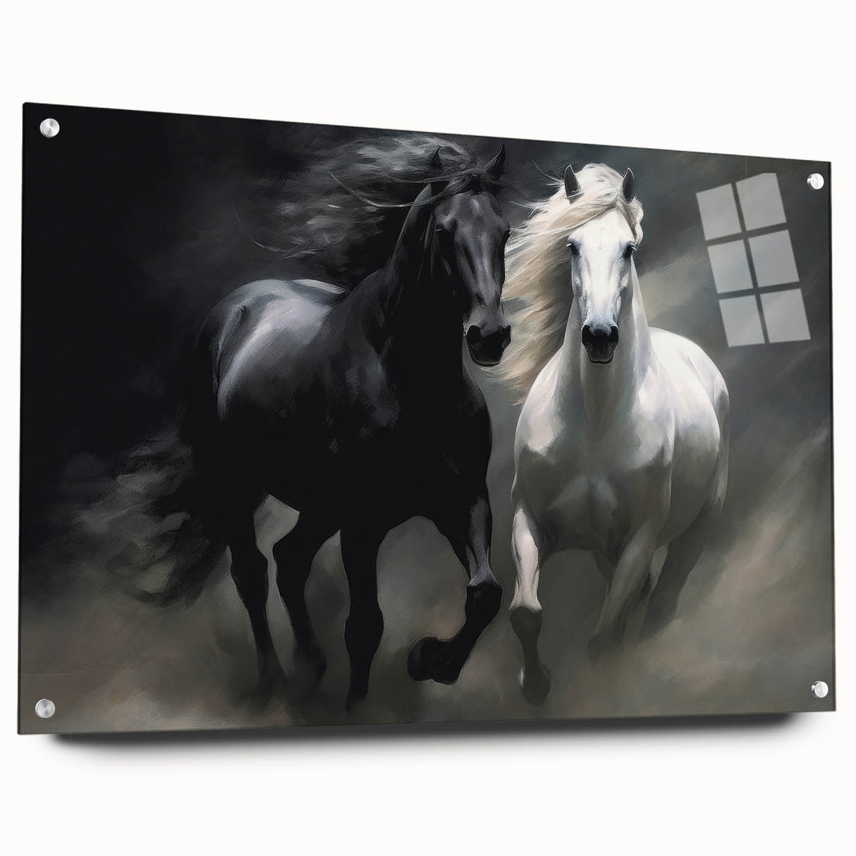 Side view of a stunning acrylic wall art piece showcasing a horse design from the 'Animals A Wild Life' collection, elegantly displayed with decorative pins. The vibrant colors and intricate details capture the beauty of equine artistry, making it a perfect addition to any nature-themed decor.