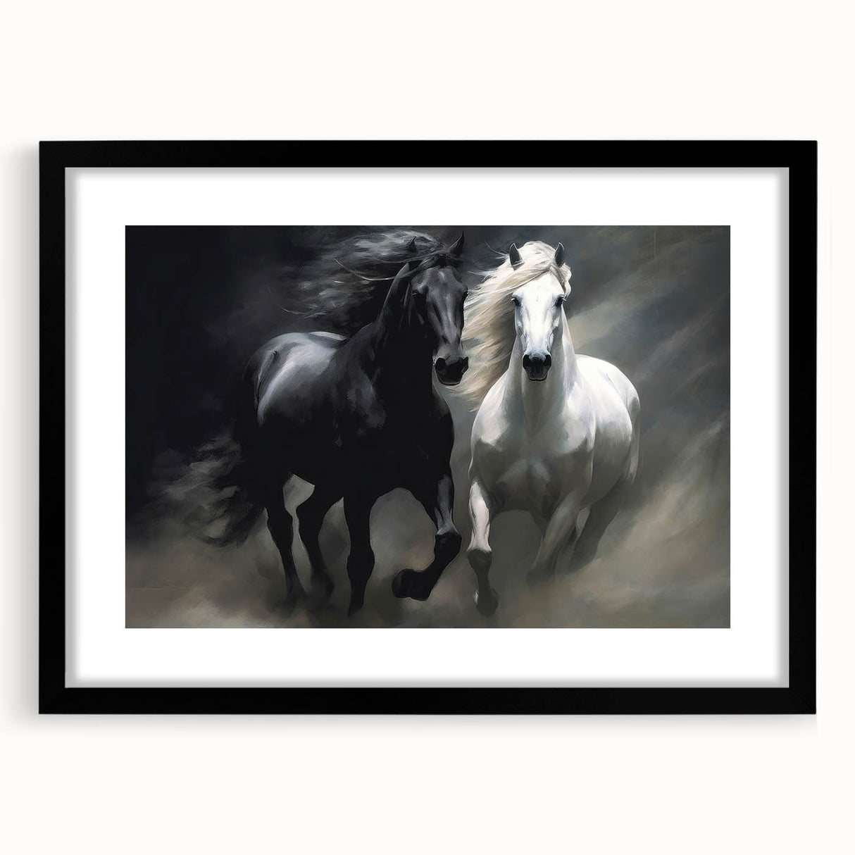 Black-framed wall art featuring a stunning horse design, showcasing intricate details and vibrant colors, perfect for animal lovers and home decor enthusiasts.