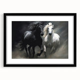 Black-framed wall art featuring a stunning horse design, showcasing intricate details and vibrant colors, perfect for animal lovers and home decor enthusiasts.