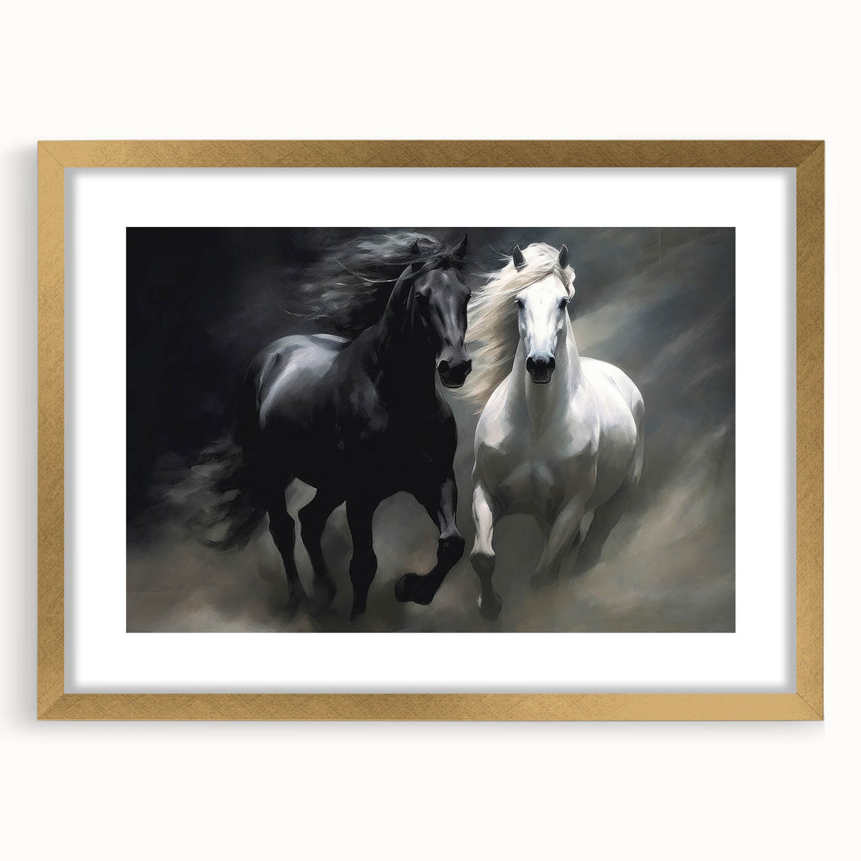 Elegant wall art featuring a wild horse design in a gold frame, showcasing intricate details and textures, perfect for adding a touch of nature-inspired decor to any room.