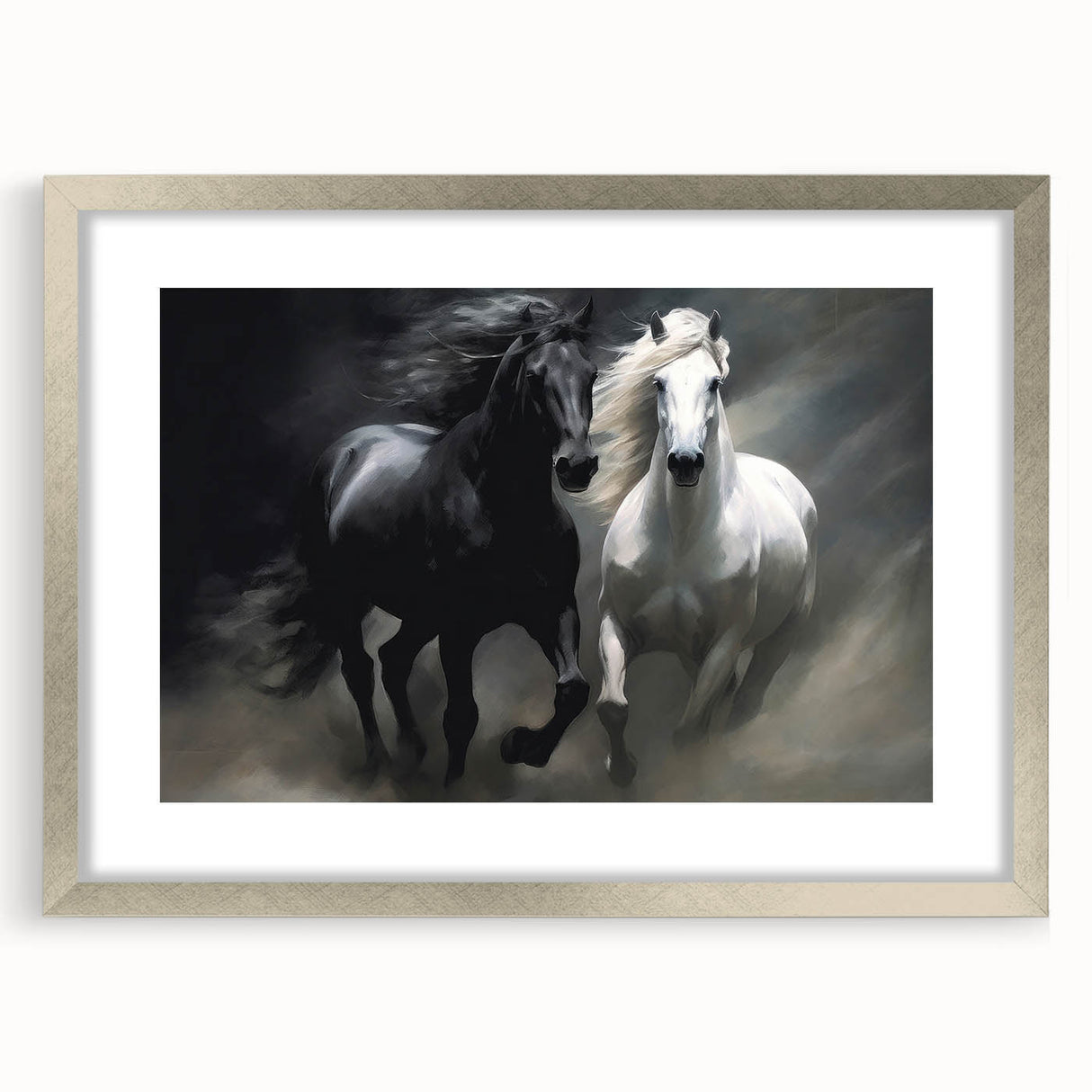 Framed wall art featuring a striking horse design, set in a sleek silver frame with a mat, perfect for adding elegance to wildlife-themed decor or modern interiors.