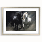 Framed wall art featuring a striking horse design, set in a sleek silver frame with a mat, perfect for adding elegance to wildlife-themed decor or modern interiors.