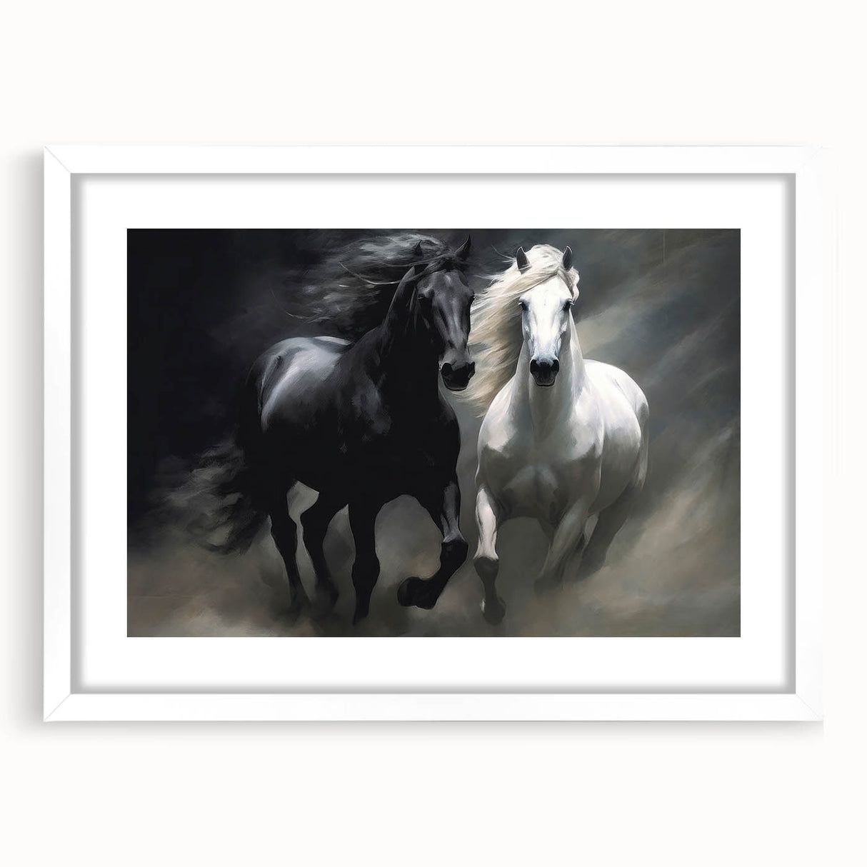 Framed wall art featuring a stunning wild horse design, displayed in a sleek white frame with a mat, perfect for adding natural elegance to home decor.