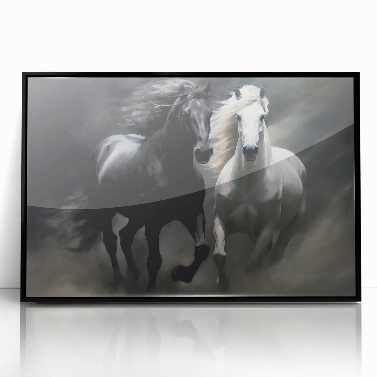 Framed wall art featuring a striking black horse design, presented in acrylic, showcasing intricate details and bold colors, perfect for modern decor.