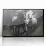 Framed wall art featuring a striking black horse design, presented in acrylic, showcasing intricate details and bold colors, perfect for modern decor.