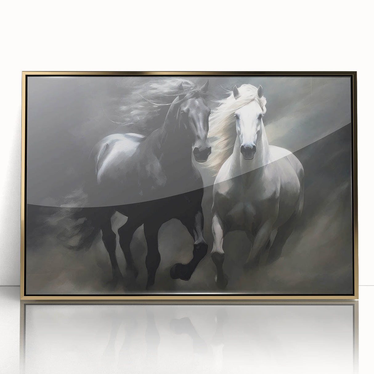 Framed wall art showcasing a majestic horse design in gold and black acrylic, set against a sleek white background, perfect for equine enthusiasts and modern decor.