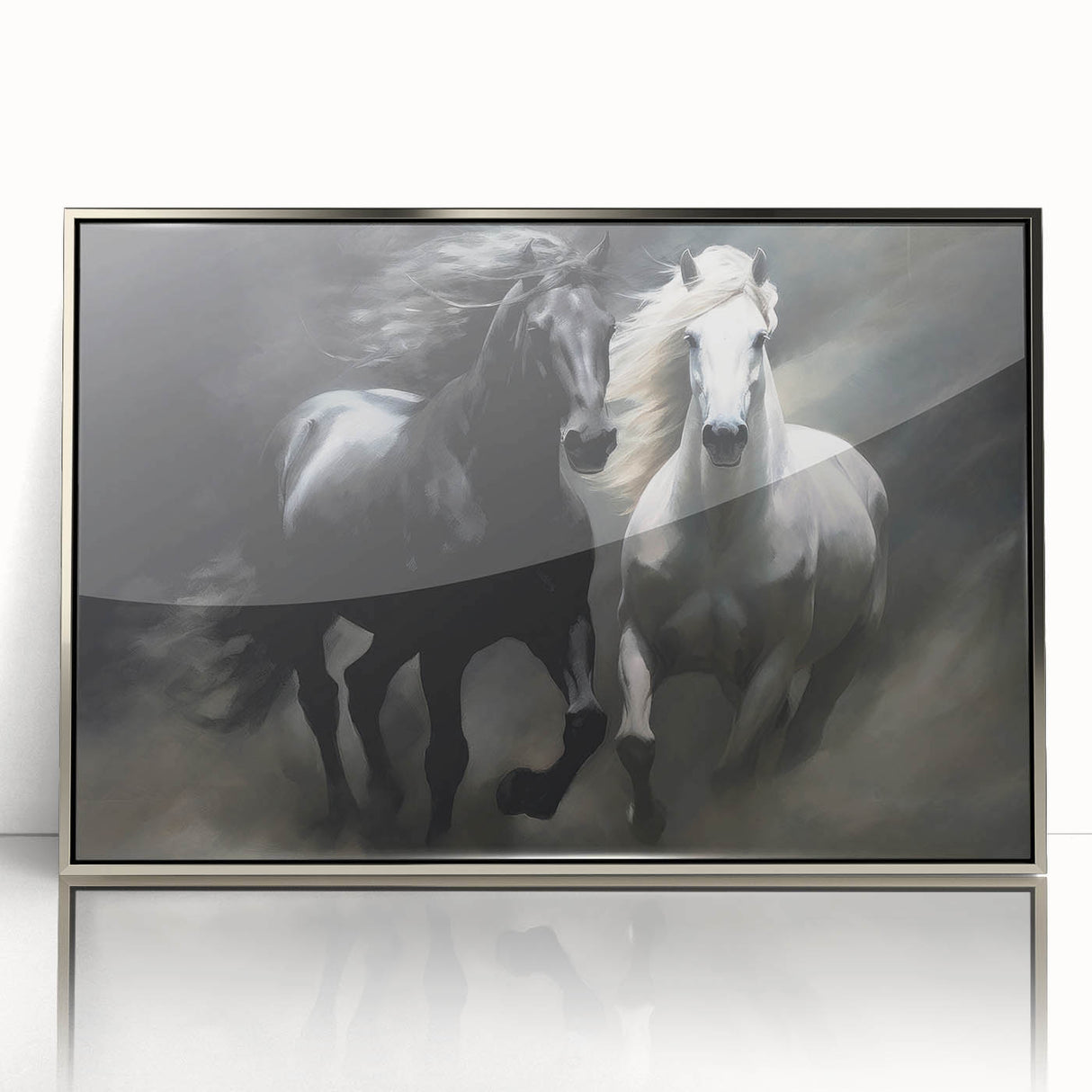 Framed wall art featuring a silver-accented horse design, showcasing intricate details and vibrant colors, perfect for animal lovers and home decor enthusiasts.