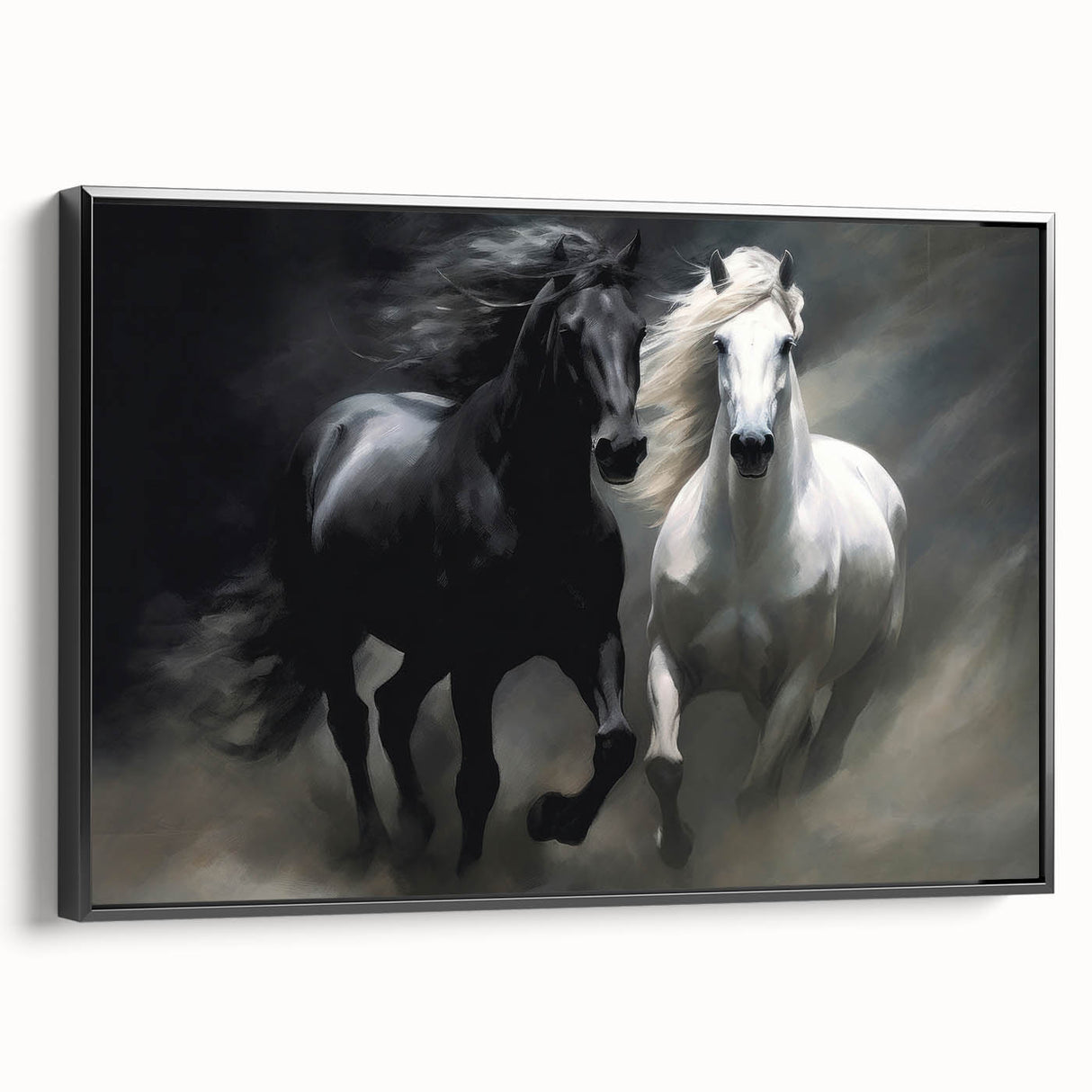 Framed canvas artwork of a majestic black horse in profile, showcasing detailed textures and rich colors, ideal for animal lovers and equestrian decor.