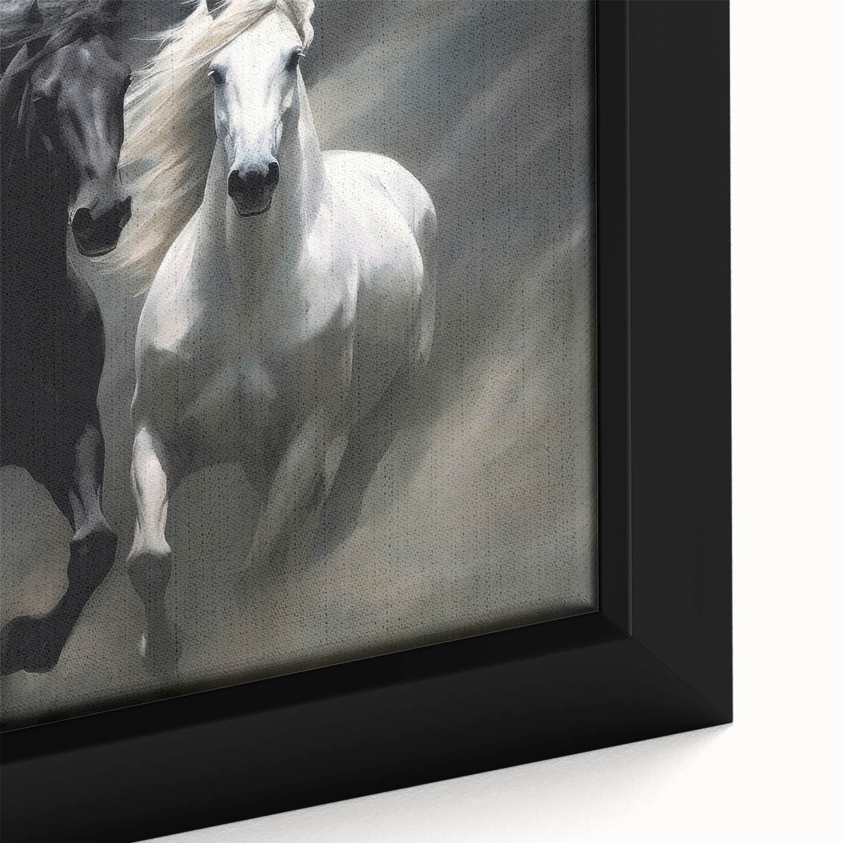 Close-up of a framed canvas wall art featuring a beautifully detailed design of a wild horse, showcasing rich browns and whites, perfect for animal lovers and home decor.
