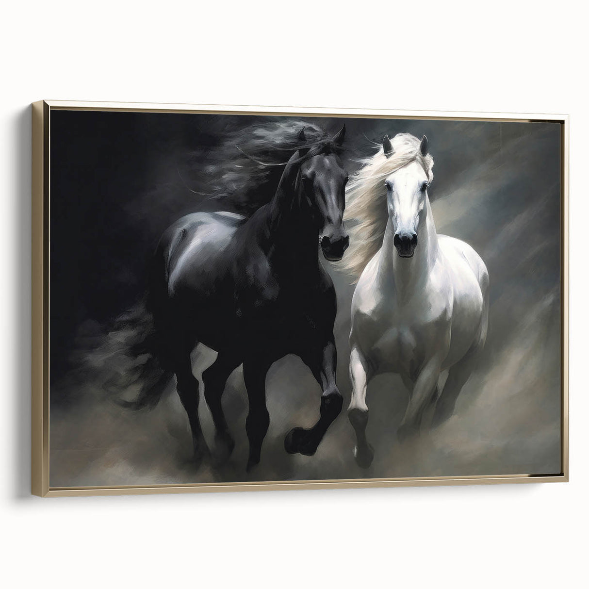 Framed canvas wall art featuring a side view of a majestic horse in a gold finish, showcasing detailed textures and elegant design, perfect for animal lovers' decor.