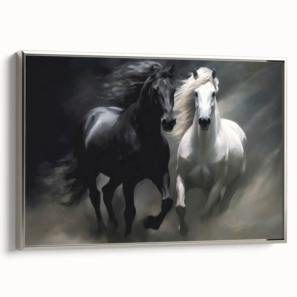 Framed wall art showcasing a silver side view of a majestic horse, highlighting its elegant features and flowing mane, perfect for equine enthusiasts.