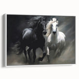 Framed wall art featuring a white horse in a serene side view against a minimalist background, perfect for equestrian-themed decor, adding elegance to any space.