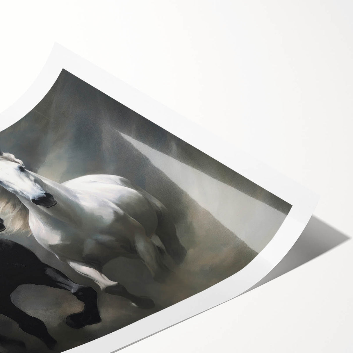 Elegant wall art print showcasing a stunning horse design against a natural landscape, perfect for animal lovers and home decor enthusiasts. This rolled print captures the beauty and grace of wild horses, making it an ideal addition to any living space.