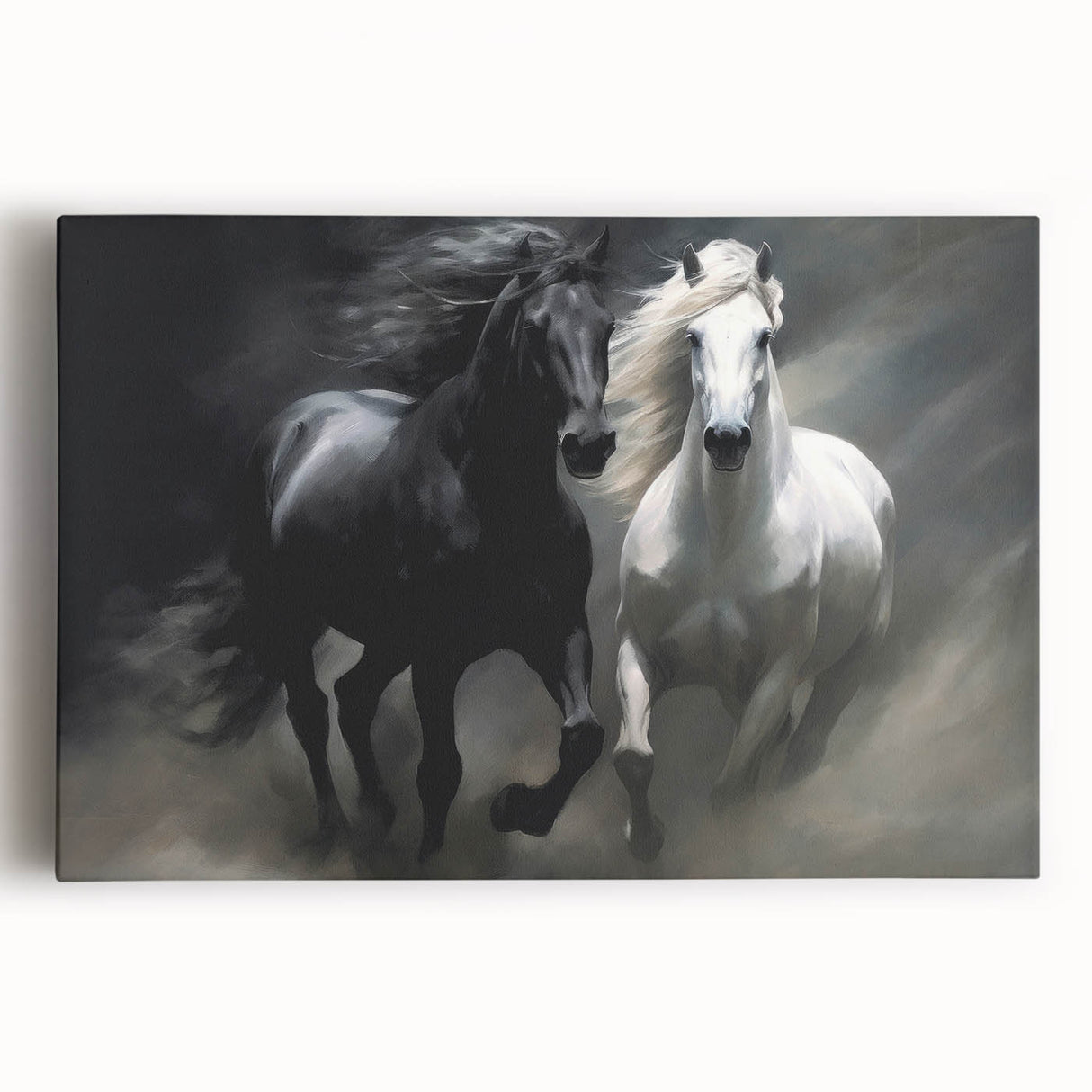 Stretched canvas wall art showcasing a front view of a majestic horse design, featuring vibrant colors and intricate details, perfect for animal lovers' home decor.