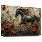 Acrylic glass wall art design featuring a side view of a horse, beautifully capturing its grace and movement, showcased with decorative pins for added appeal.
