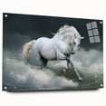 Side view of a wall art collection showcasing a vibrant horse design printed on acrylic glass, elegantly mounted with decorative pins. Ideal for animal lovers and home decor enthusiasts.
