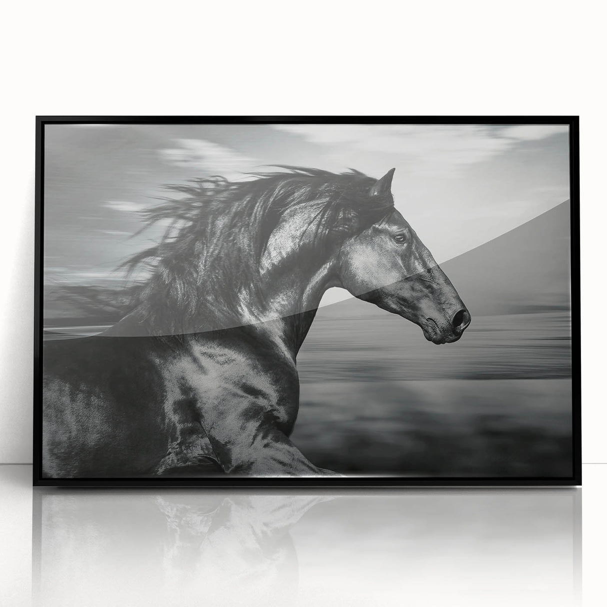 Framed acrylic wall art showcasing a striking horse design in black, set against a minimalist background, perfect for enhancing modern decor in living spaces.