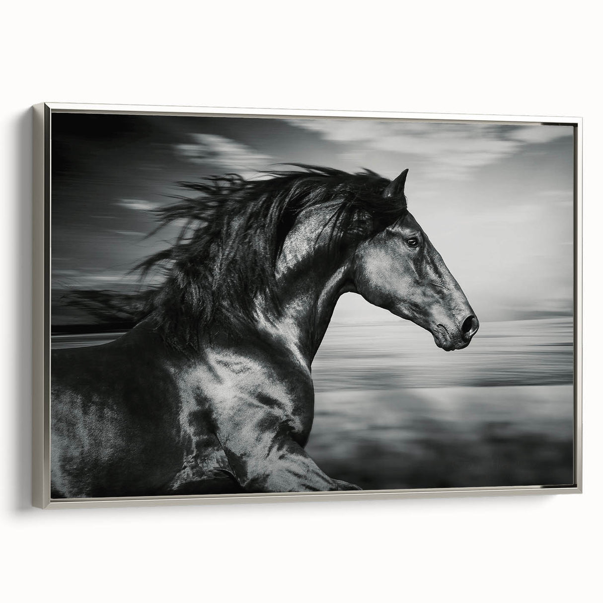 Framed canvas wall art depicting a striking silver horse design in profile, showcasing intricate details and textures, perfect for animal lovers and modern decor.