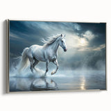 Framed canvas wall art featuring a stunning silver side view of a majestic horse, capturing intricate details and vibrant colors, perfect for home decor enthusiasts.
