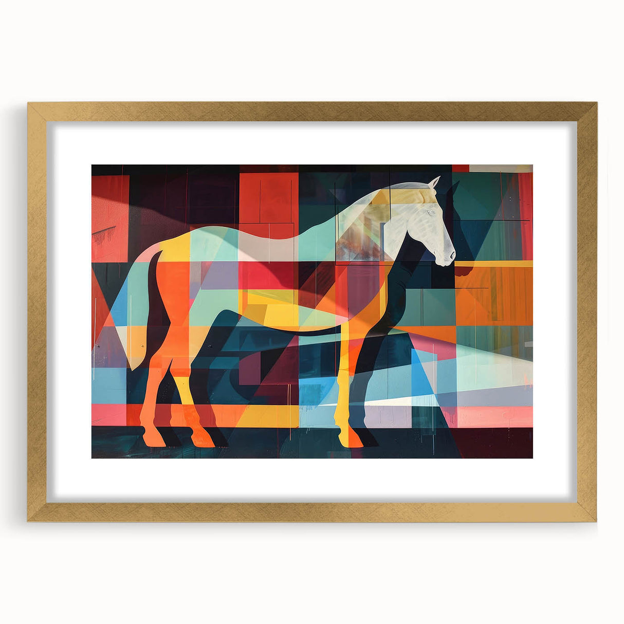 Elegant framed wall art featuring a striking gold mat and a beautifully designed horse illustration, perfect for animal lovers and home decor enthusiasts.