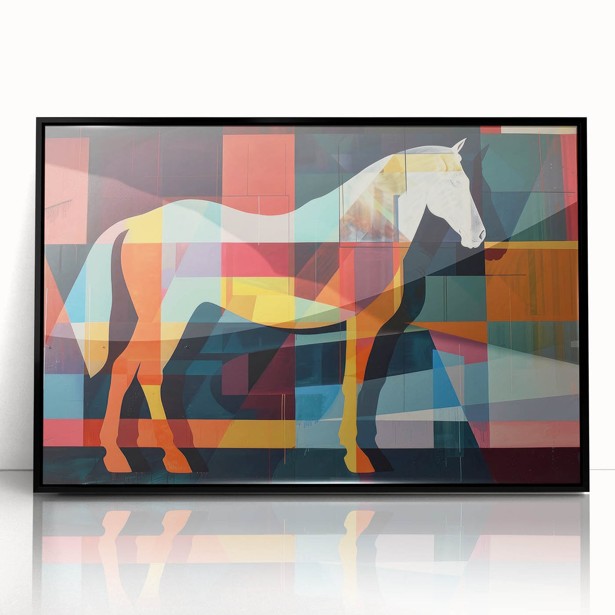 Framed wall art showcasing a black horse design, featuring detailed acrylic textures and a sleek black frame, ideal for modern decor and animal lovers.