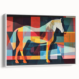 Framed canvas wall art showcasing a side view of a beautifully illustrated horse design, featuring vibrant colors, ideal for animal lovers and home decor enthusiasts.