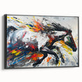 Framed canvas wall art showcasing a stunning side view of a wild horse in a natural setting, featuring rich colors and intricate details, perfect for animal lovers.