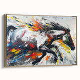 Framed canvas wall art featuring a majestic horse design in a gold frame, showcasing intricate details and vibrant colors, perfect for equine enthusiasts' decor.