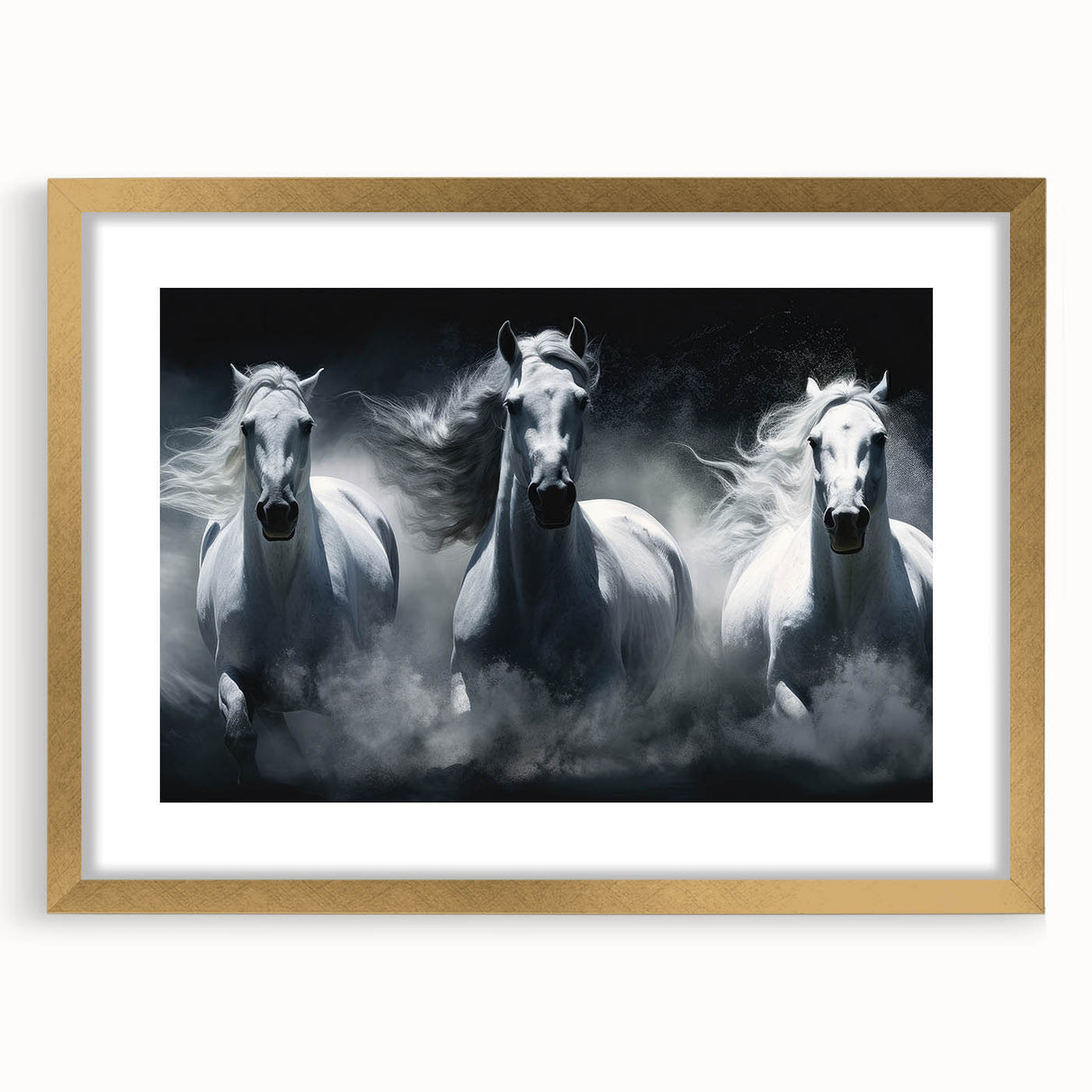 Framed wall art collection showcasing a majestic horse design with a gold matte finish, perfect for enhancing home decor in a sophisticated setting.