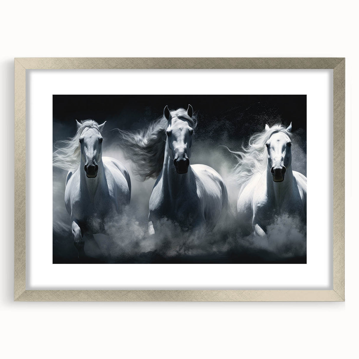 Framed wall art collection featuring a majestic horse design, elegantly matted and encased in a sleek silver frame, ideal for adding a touch of nature-inspired decor to any space.