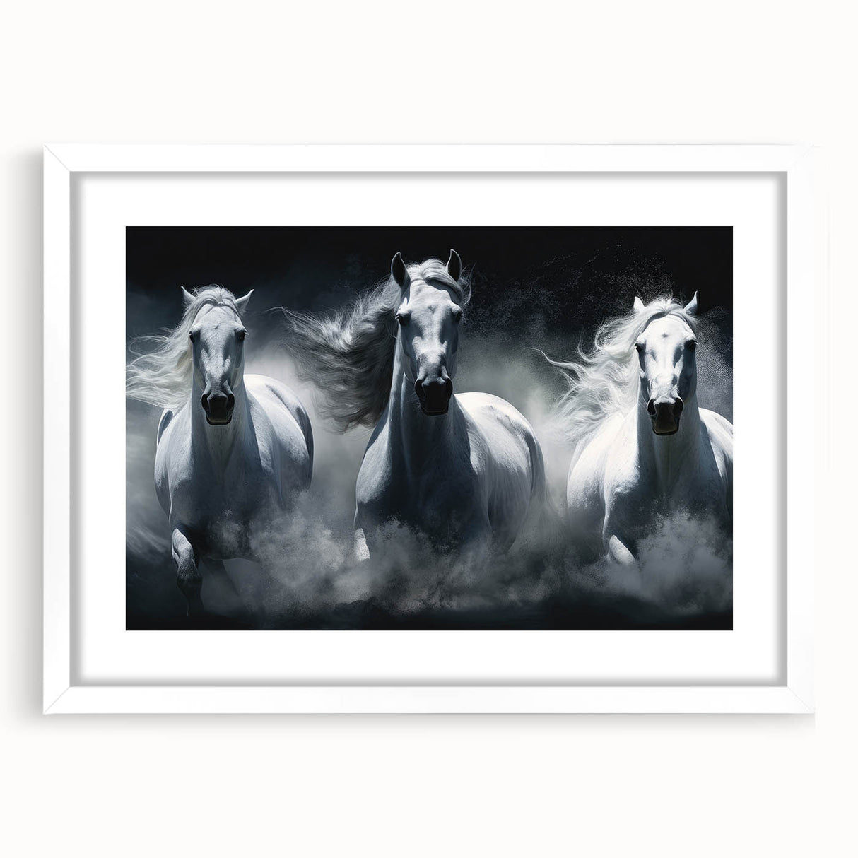 Framed wall art collection featuring a vibrant wild horse design with a white mat, ideal for animal lovers and modern decor. Perfect for enhancing living spaces.